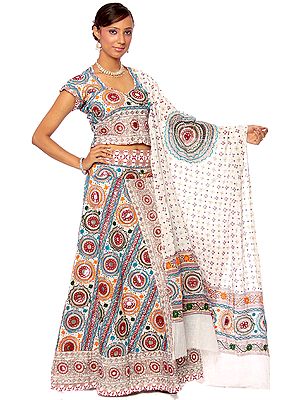 White Ghagra Choli from Kutch with Embroidered Sequins and Embroidery
