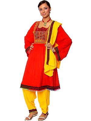 Red and Yellow Embroidered Tunic Suit from Afghanistan with Mirrors