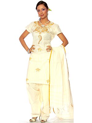 Ivory Kasavu Choodidaar Salwar Kameez Suit from Kerala with Embroidered Paisleys