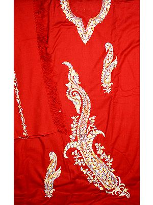Red Salwar Kameez Suit from Kashmir with Aari Embroidered Paisley