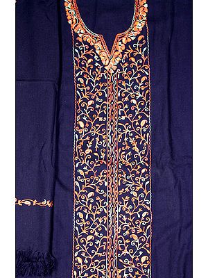 Deep-Blue Salwar Kameez Suit from Kashmir with Aari Embroidered Paisleys