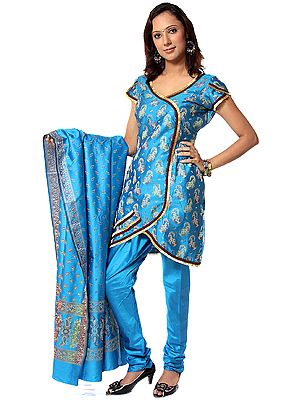Azure Banarasi Suit Fabric with All-Over Woven Paisleys
