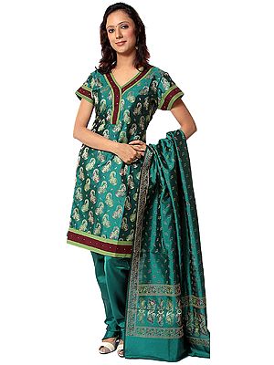 Green Banarasi Suit with All-Over Woven Paisleys