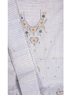 Blue Khadi Suit with Crewel Floral Embroidery