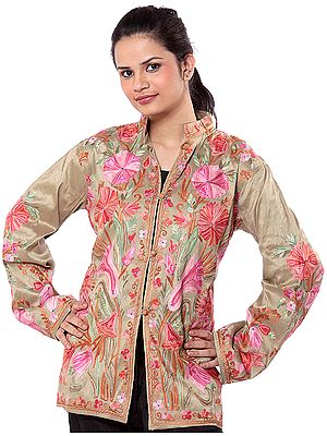 Khaki Kashmiri Jacket with Embroidered Flowers in Pink Thread