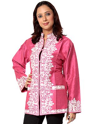 Honeysuckle-Pink Jacket with Floral Embroidery on Borders