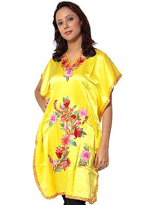 Yellow Kashmiri Short Kaftan with Floral Embroidery