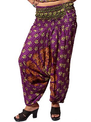 Purple Harem Trousers with Printed Elephants