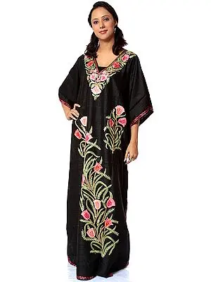 Black Kashmiri Kaftan with Embroidered Tulips in Pink Thread