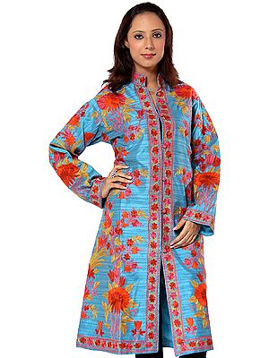 Blue Long Jacket with Large Embroidered Flowers