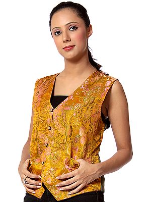 Mustard Brocaded Waistcoat from Nepal