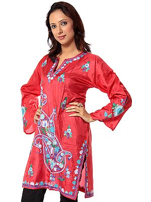 Rose Kashmiri Kurti with Embroidered Paisley on Front