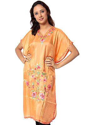 Tangerine Kashmiri Short Kaftan with Crewel Embroidered Flowers