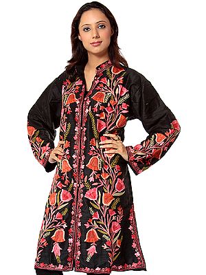 Black Long Silk Jacket with Embroidered Tulips