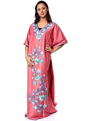 Rose Kashmiri Kaftan with Embroidered Flowers in Blue