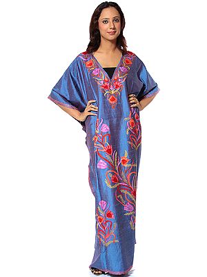 Blue Kashmiri Kaftan with Embroidered Tulips