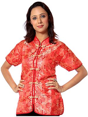 Red Brocaded Jacket from Sikkim