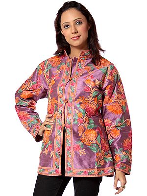 Amethyst Jacket from Kashmir with Crewel Embroidered Flowers All-Over