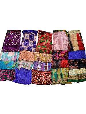 Lot of Five Multi-Colored Vintage Sari Short Skirts with Patchwork