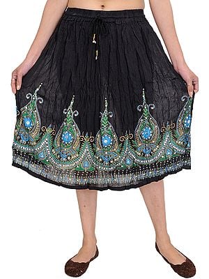 Short Skirt with Printed Flowers and Embroidered Sequins