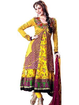 Bamboo-Yellow Wedding Anarkali Suit with Floral Print and Crewel Embroidery