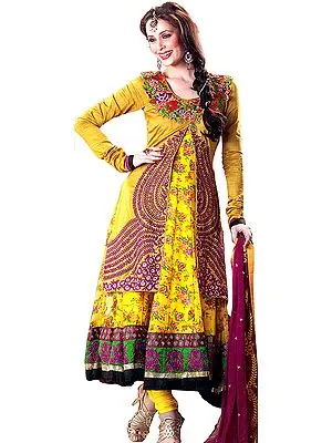 Bamboo-Yellow Wedding Anarkali Suit with Floral Print and Crewel Embroidery