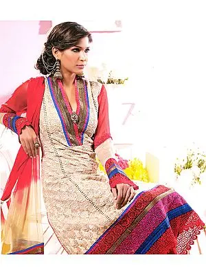 Beige Designer Chudidar Kameez Suit with All-Over Floral Embroidery in Self and Patch Border