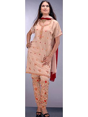 Beige Floral Hand-Embroidered Choodidaar Suit