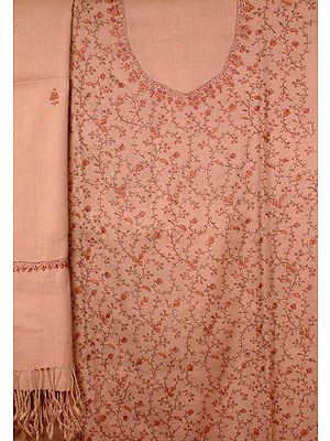 Beige Hand-Embroidered Suit from Kashmir with Shawl