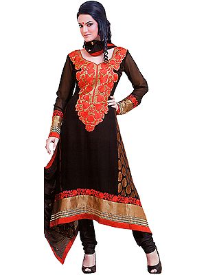 Black and Red Choodidaar Kameez Suit with Floral Embroidery