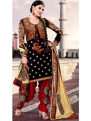 Black and Red Patiala Salwar Suit with Embroidered Beads and Bolero Jacket