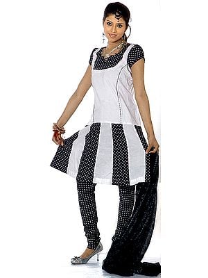 Black and White Polka Dotted Suit with Flaired Kameez