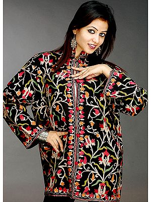 Black Aari Jacket from Kashmir with Multi-Color Embroidery