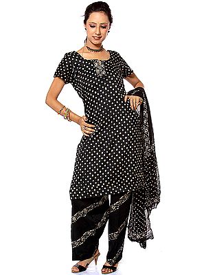 Black Batik Dyed Suit with All-Over Polka Dots