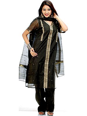 Black Chanderi Suit with Golden Thread Weave