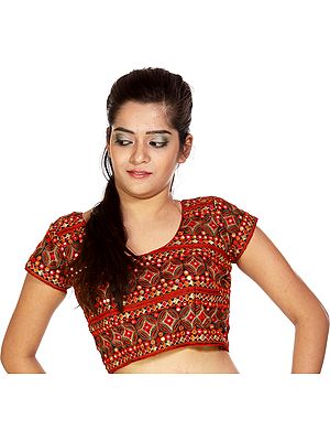 Black Choli from Gujarat with Multi-Color Embroidery and Mirrors