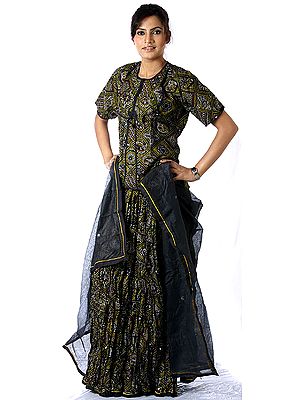 Black Ghagra Choli from Rajasthan with Mirrors and Chunri Print