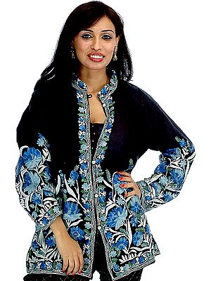 Black Kashmiri Jacket with Aari Embroidered Flowers