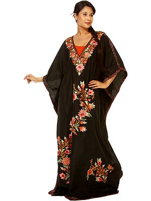Black Kashmiri Kaftan with Crewel Embroidered Flowers