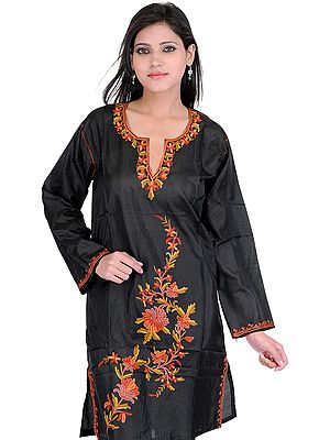 Black Kashmiri Kurti with Embroidered Flowers by Hand