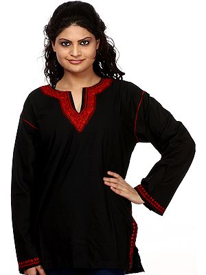 Black Kashmiri kurti with Hand Embroidered Paisleys on Neck