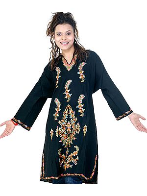 Black Phiran from Kashmir with Embroidered Paisleys