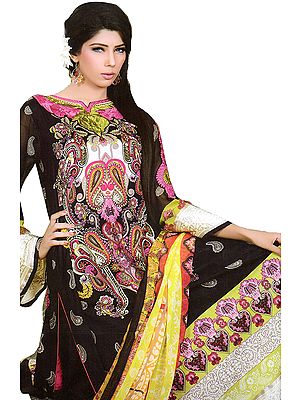Black Printed Suit from Pakistan with Aari Embroidery