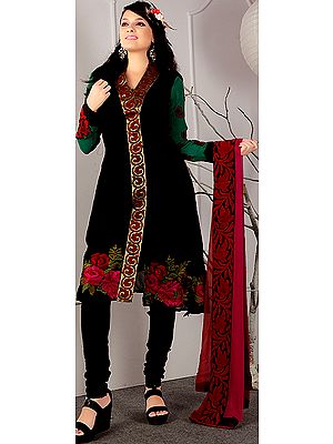 Black V-Neck Choodidaar Suit with Patch Work and Crewel Embroidered Roses
