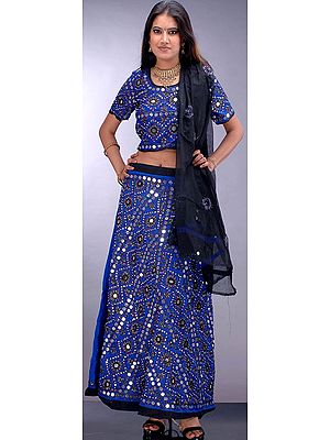Blue and Black Gypsy Lehenga Choli from Gujarat with Mirrors and Embroidery