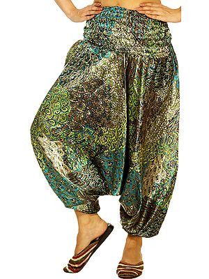 Blue and Light-Green Harem Trousers with Printed Flowers