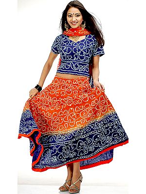 Blue and Orange Bandhini Lehenga Choli with Large Sequins