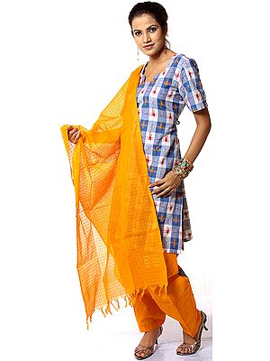 Blue and Orange Ikat Salwar Kameez from Pochampally with Giant Checks
