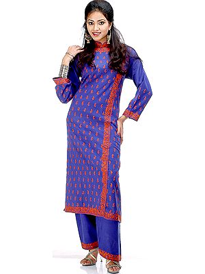 Blue and Orange Ladakhi Two-Piece Suit with Kashmiri Aari Embroidery