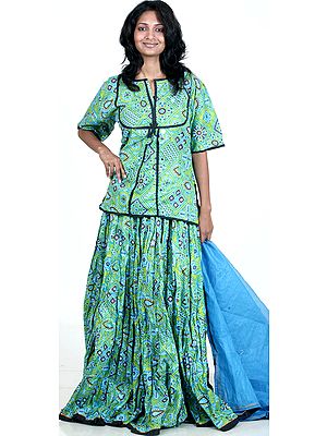 Blue Ghagra Choli from Rajasthan with Mirrors and Chunri Print